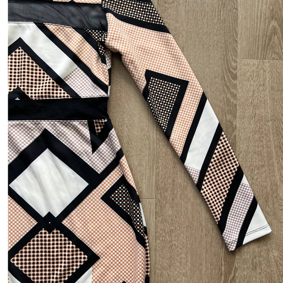 Fire Los Angeles Small Black/Tan/White Abstract A-Line Midi Long Sleeve Dress - Picture 4 of 10